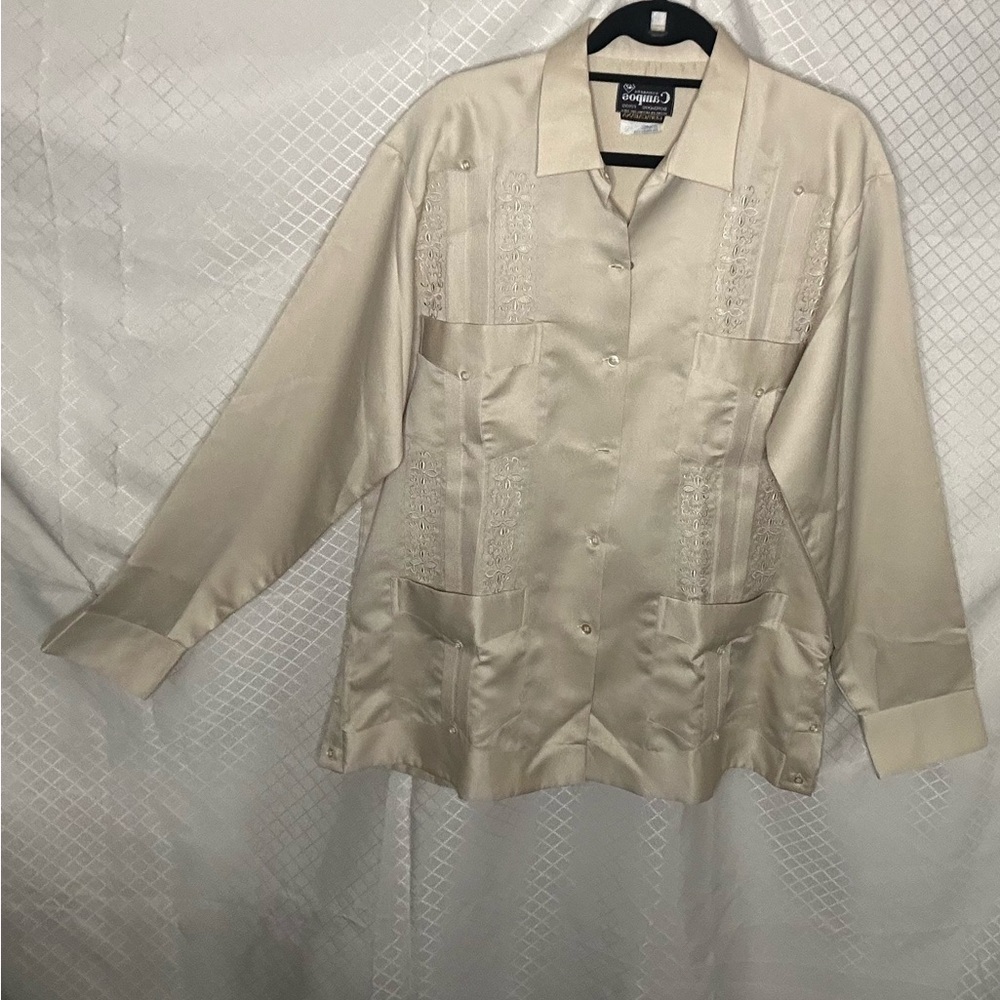 Campos - Men's Cream Button-Up Guayabera Long Sleeve Shirt, Size Large